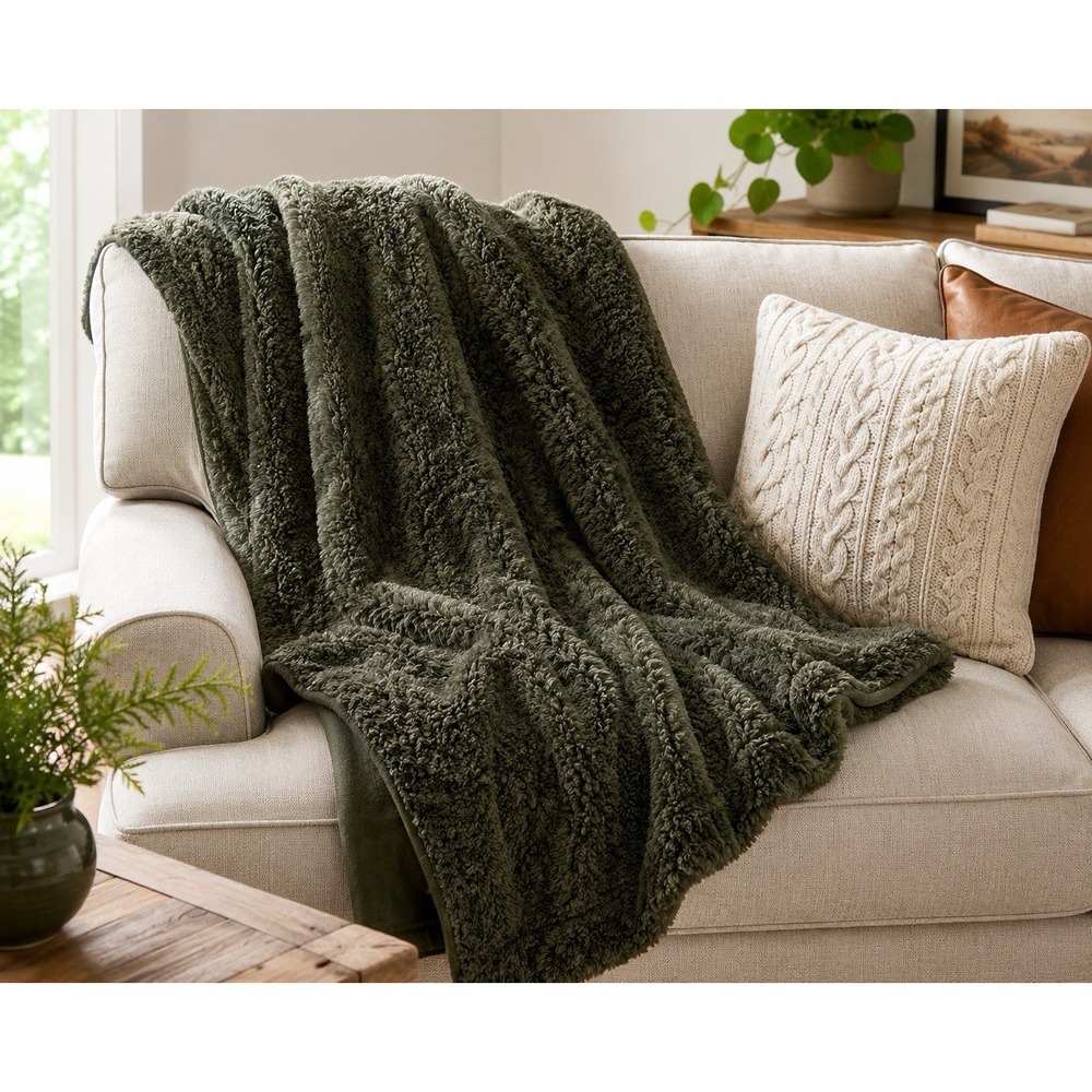 POTTERY BARN COZY TEDDY FAUX FUR THROW BLANKET OVERSIZED 60" X 80" LODEN GREEN 1